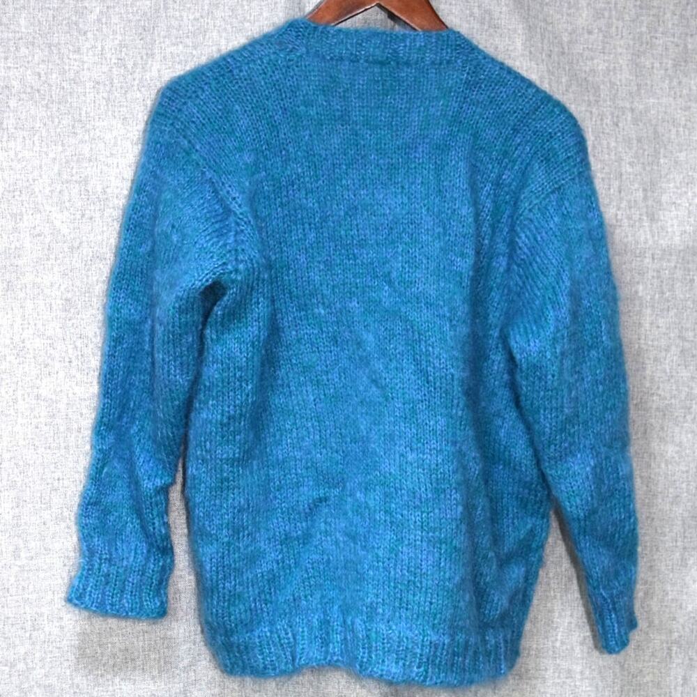 Hand-Knit Teal Mohair Blend Open Front Cardigan M - Picture 3 of 3